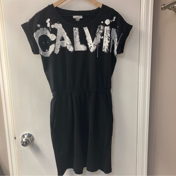 CALVIN KLEIN Graphic Logo Sporty Pocket Shirt Dress In Black White Women’s Sz S - Picture 1 of 9